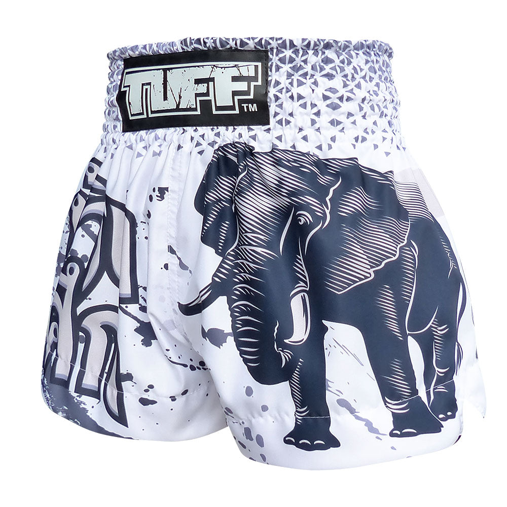 TUFF Muay Thai Boxing Shorts White War Elephant–