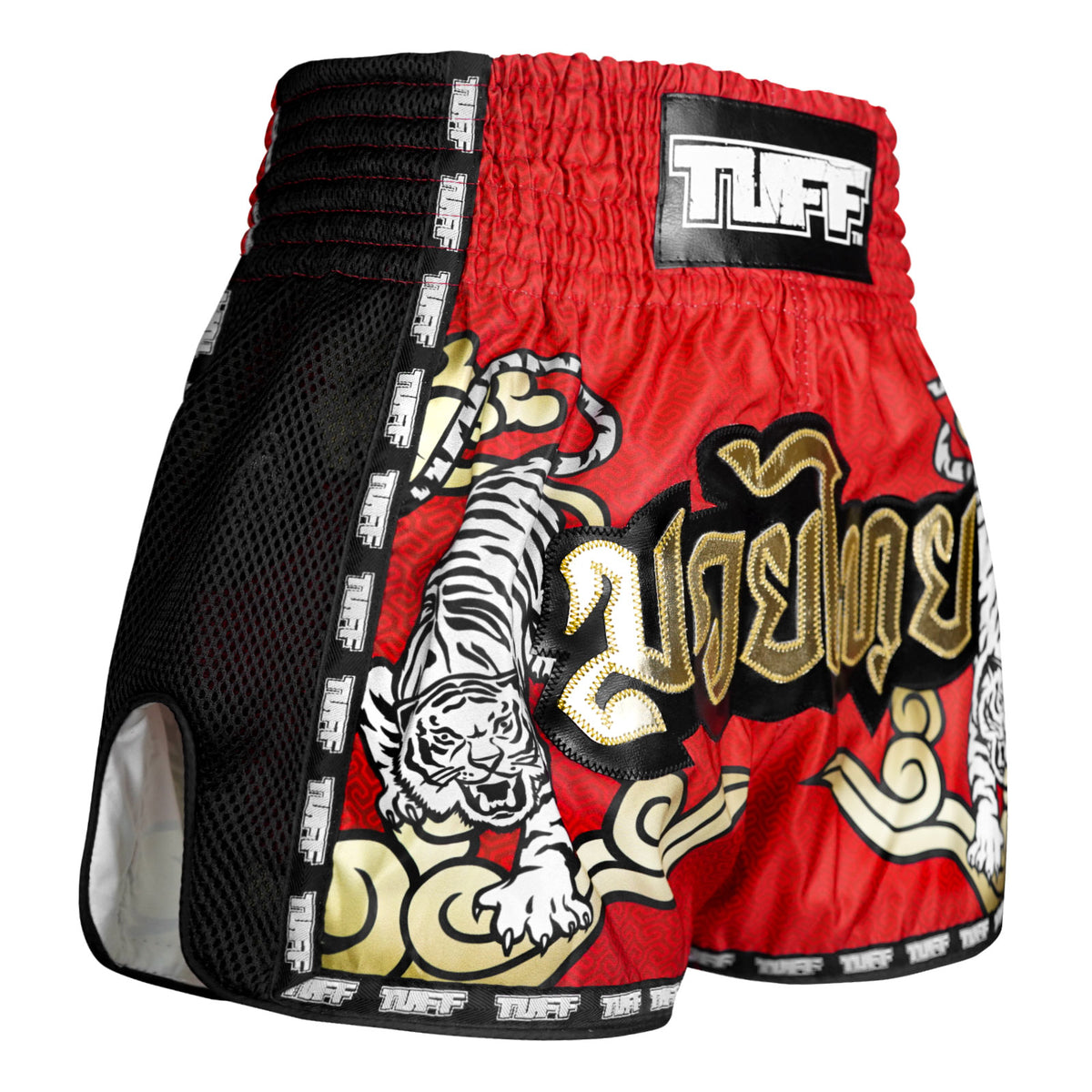 TUFF Muay Thai Boxing Shorts New Retro Style Red Twin Tiger With Gold