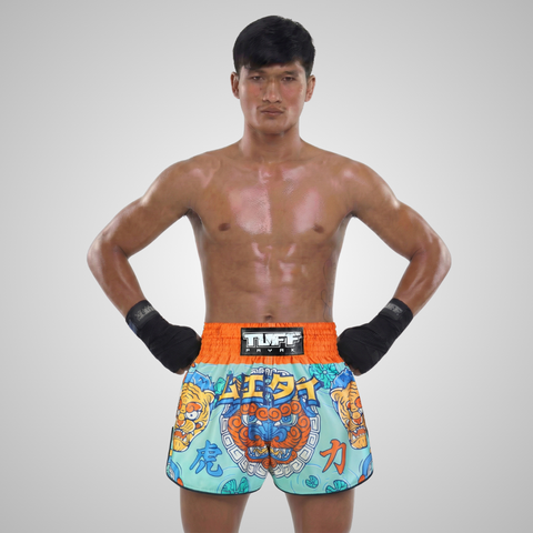 TUFFPAYAK Muay Thai Shorts Boxing Trunks Retro Style (TPY-RMS004-CYN)