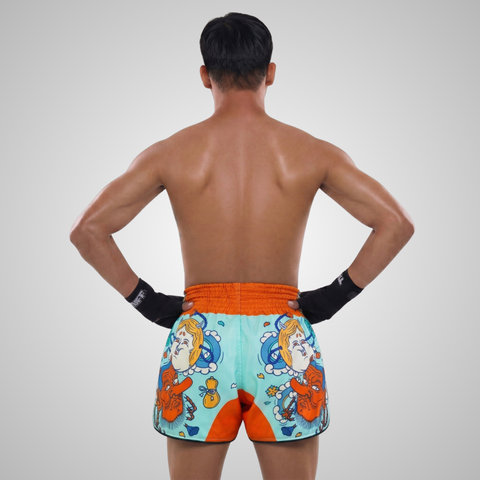 TUFFPAYAK Muay Thai Shorts Boxing Trunks Retro Style (TPY-RMS004-CYN)