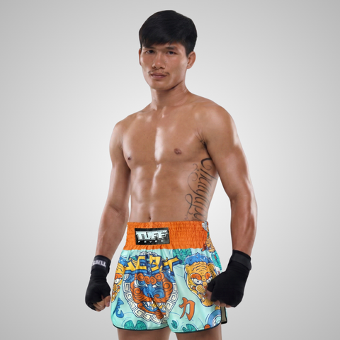 TUFFPAYAK Muay Thai Shorts Boxing Trunks Retro Style (TPY-RMS004-CYN)