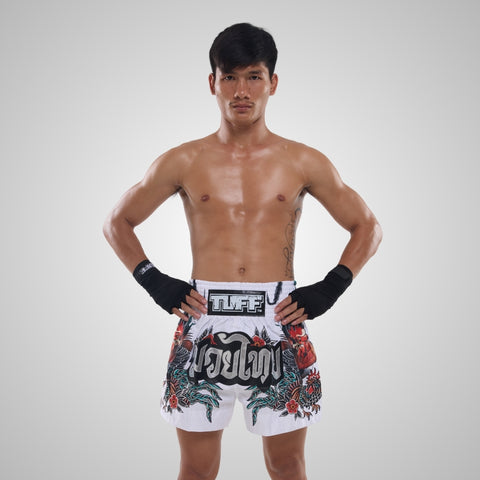 TUFF Muay Thai Shorts Boxing Trunks Traditional Style (TUF-MS677-WHT)