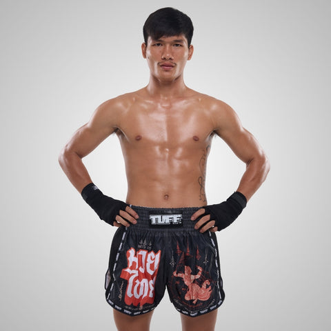 TUFF Muay Thai Shorts Boxing Trunks Retro Style (TUF-MSC102-BLK)