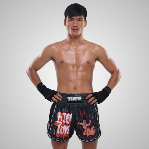 TUFF Muay Thai Shorts Boxing Trunks Retro Style (TUF-MSC102-BLK)