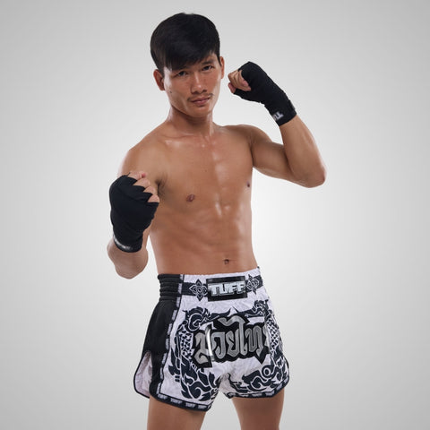 TUFF Muay Thai Shorts Boxing Trunks Retro Style (TUF-MSC108-WHT)