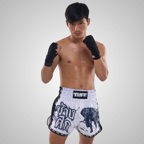 TUFF Muay Thai Shorts Boxing Trunks Retro Style (TUF-MSC112-WHT)