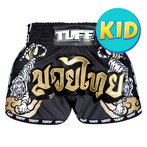 [Pre-Order] TUFF Kids Shorts Black Retro Style Double Tiger With Gold Text