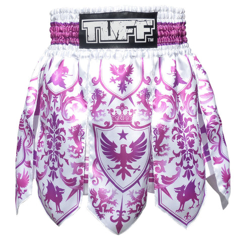 TUFF Muay Thai Boxing Shorts Gladiator Purple & White Classic Victorian Pattern