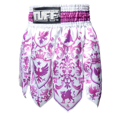 TUFF Muay Thai Boxing Shorts Gladiator Purple & White Classic Victorian Pattern