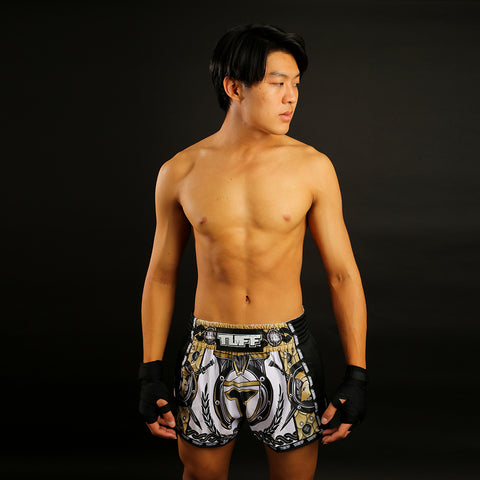 TUFF Muay Thai Boxing Shorts Retro Style Golden Gladiator in White