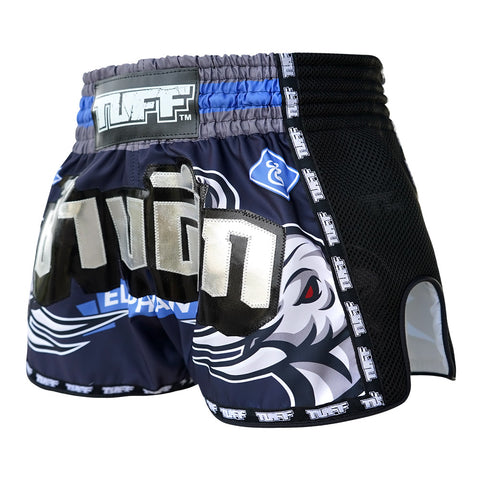TUFF Muay Thai Boxing Shorts Retro Style Blue War Elephant