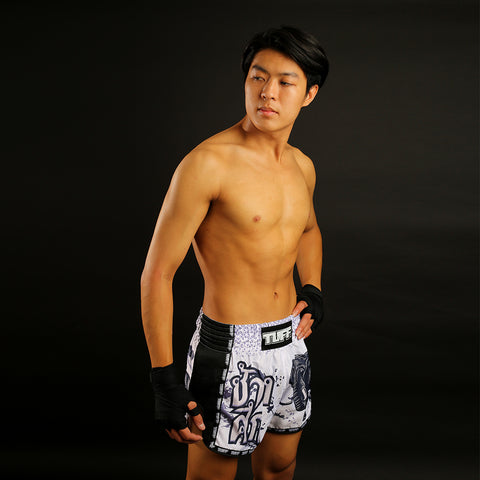 TUFF Muay Thai Boxing Shorts Retro Style White War Elephant