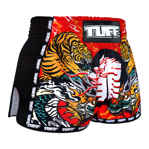 TUFF Muay Thai Boxing Shorts Retro Style Red Chinese Dragon and Tiger