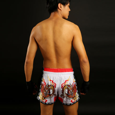 TUFF Muay Thai Boxing Shorts Retro Style White Chinese Dragon