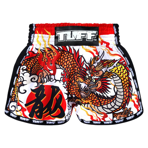 TUFF Muay Thai Boxing Shorts Retro Style White Chinese Dragon