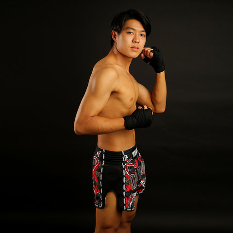 TUFF Muay Thai Boxing Shorts Retro Style Black Chinese Dragon with Text