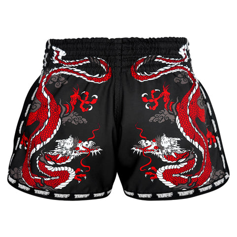 TUFF Muay Thai Boxing Shorts Retro Style Black Chinese Dragon with Text