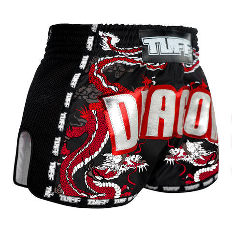 TUFF Muay Thai Boxing Shorts Retro Style Black Chinese Dragon with Text