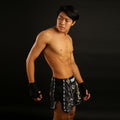 TUFF Muay Thai Boxing Shorts Retro Style Black Singha Yantra with War Flag