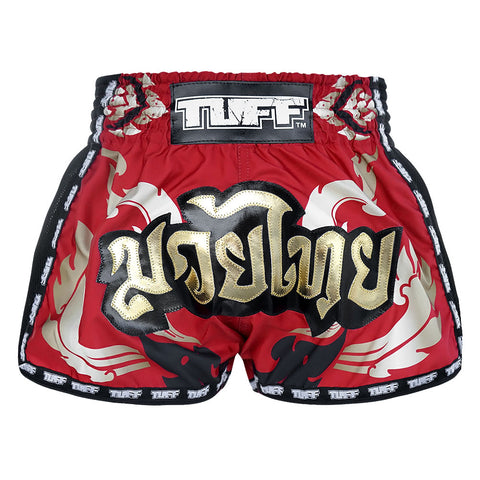 TUFF Muay Thai Boxing Shorts Retro Style Thai Kanok Yantra in Burgundy