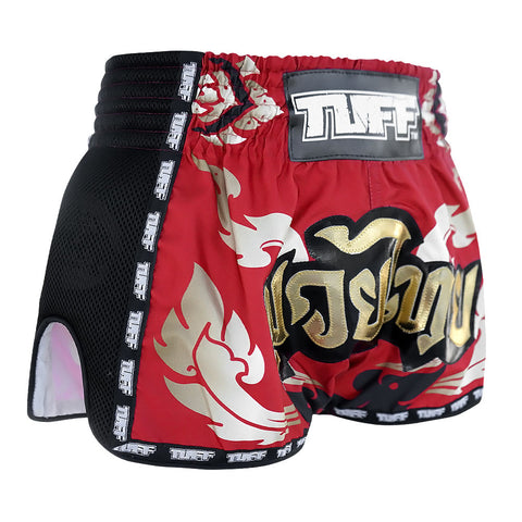 TUFF Muay Thai Boxing Shorts Retro Style Thai Kanok Yantra in Burgundy