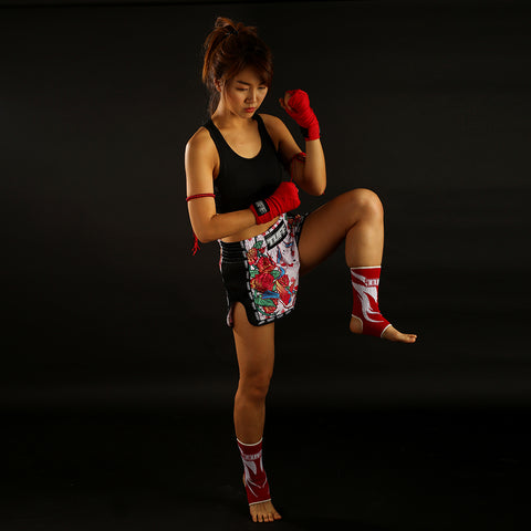 TUFF Muay Thai Boxing Shorts White Retro Style Rose With Birds