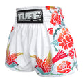TUFF Muay Thai Boxing Shorts White Birds and Roses Vintage Drawing