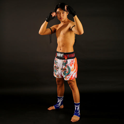 TUFF Muay Thai Boxing Shorts "White with Blue Dragon"