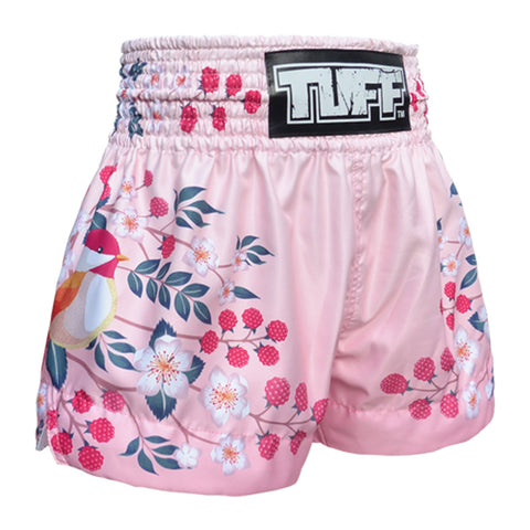 TUFF Muay Thai Boxing Shorts "Pink Sakura with Nightingale Bird"