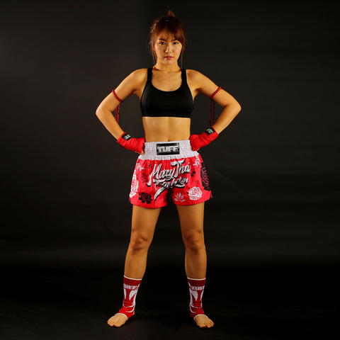 TUFF Muay Thai Boxing Shorts "Red Muay Thai Fighter with Flower Pattern"