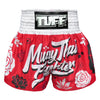 TUFF Muay Thai Boxing Shorts Red Muay Thai Fighter with Flower Pattern
