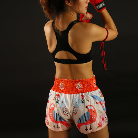 TUFF Muay Thai Shorts "Orange Pastel Birds Pattern"