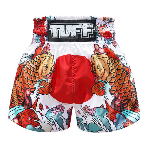 TUFF Muay Thai Boxing Shorts "White Japanese Koi Fish"