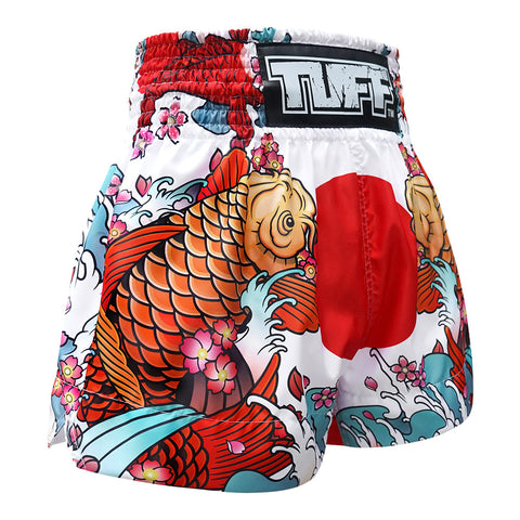 TUFF Muay Thai Boxing Shorts "White Japanese Koi Fish"