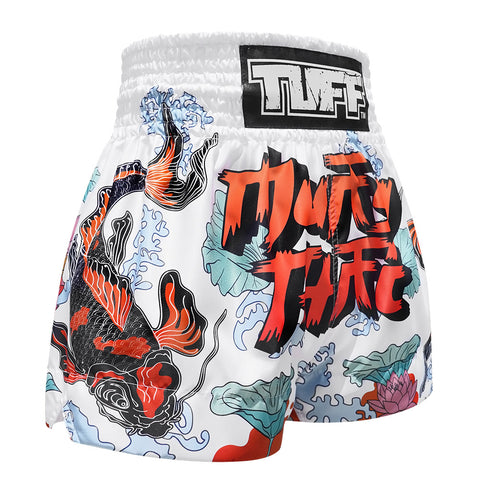 TUFF Muay Thai Boxing Shorts "White Japanese Koi Fish With Muay Thai Text"