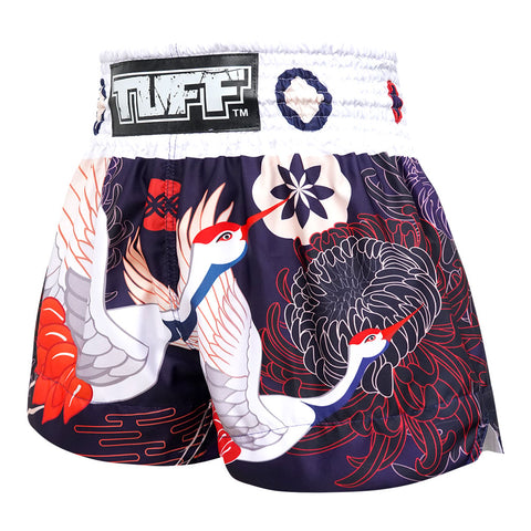 TUFF Muay Thai Boxing Shorts "Navy Blue Japanese Drawing Crane Birds"