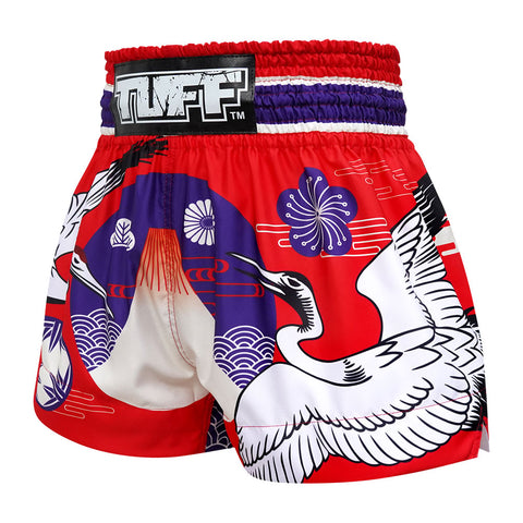 TUFF Muay Thai Boxing Shorts Red Japanese Drawing Crane Birds