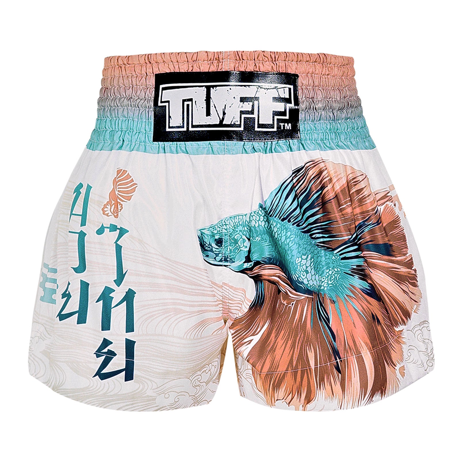 fighter fish boxer TUFF Muay Thai Shorts Boxing Trunks Traditional Style (TUF-MS671-WHT) M