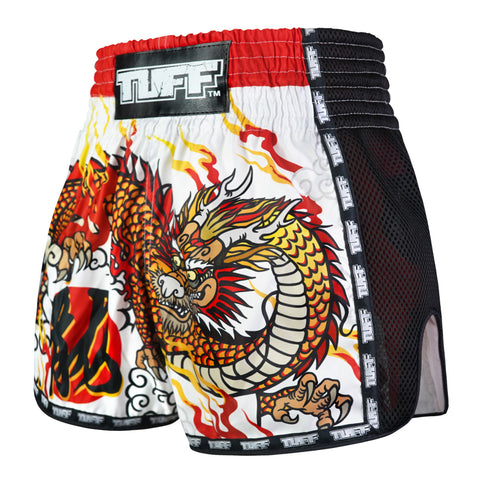 TUFF Muay Thai Boxing Shorts New Retro Style "White Chinese Dragon"