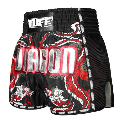 TUFF Muay Thai Boxing Shorts New Retro Style "Black Chinese Dragon with Text"