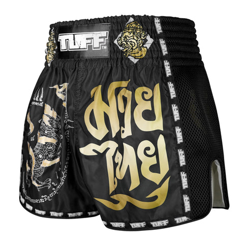 TUFF Muay Thai Boxing Shorts New Retro Style "Black Singha Yantra with War Flag"