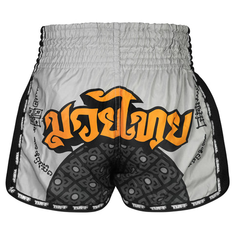 TUFF Muay Thai Boxing Shorts New Retro Style "Grey Hanuman Yantra with War Flag"