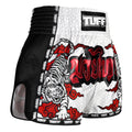 TUFF Muay Thai Boxing Shorts White New Retro Style Double Tiger With Red Text